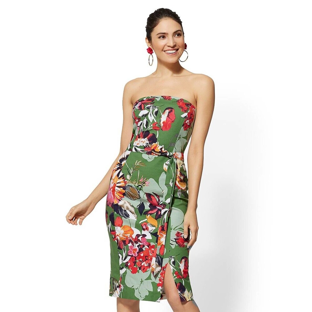 New York & Company Size 8 Green Floral Tropical Strapless Dress